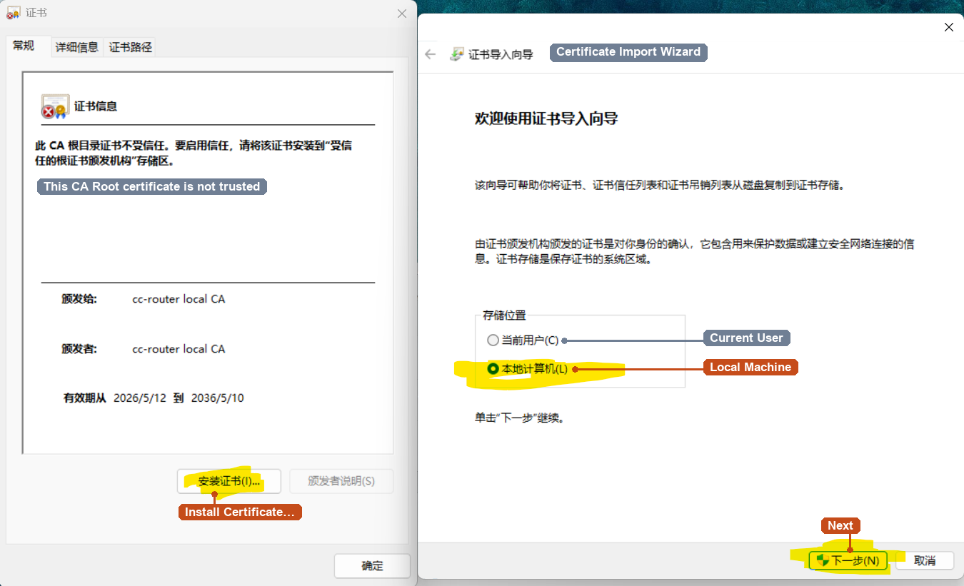 Certificate window and Certificate Import Wizard with Local Machine selected