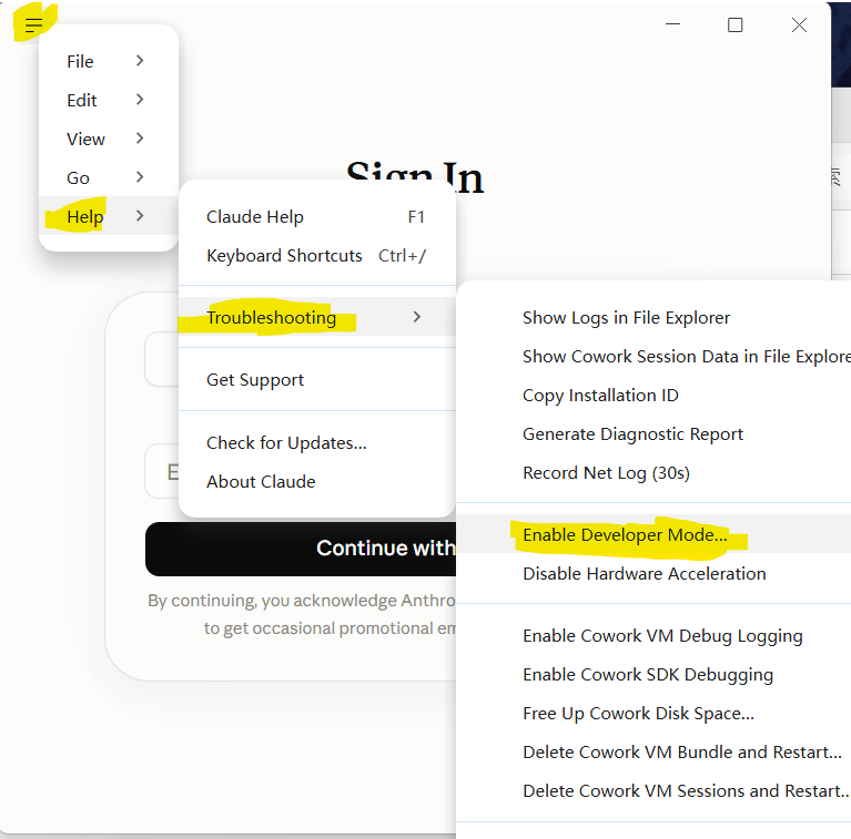 ≡ → Help → Troubleshooting → Enable Developer Mode