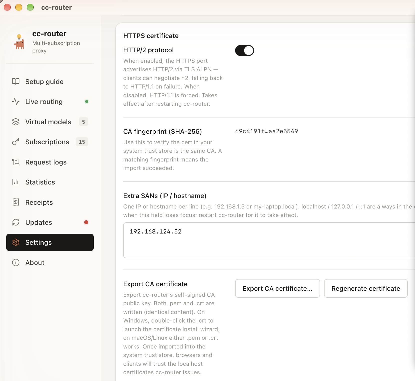 Export CA certificate from cc-router settings