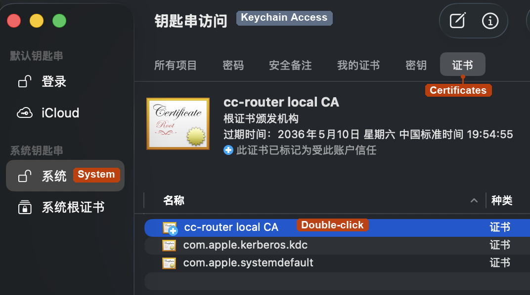 Locate cc-router local CA in Keychain Access